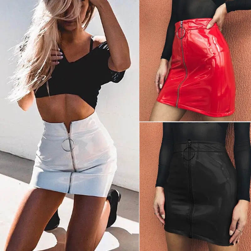 

Women Fashion High Waist Skirt Sexy Zip Faux Leather Short Pencil Bodycon Mini Skirt 2020 New Solid White Skirt