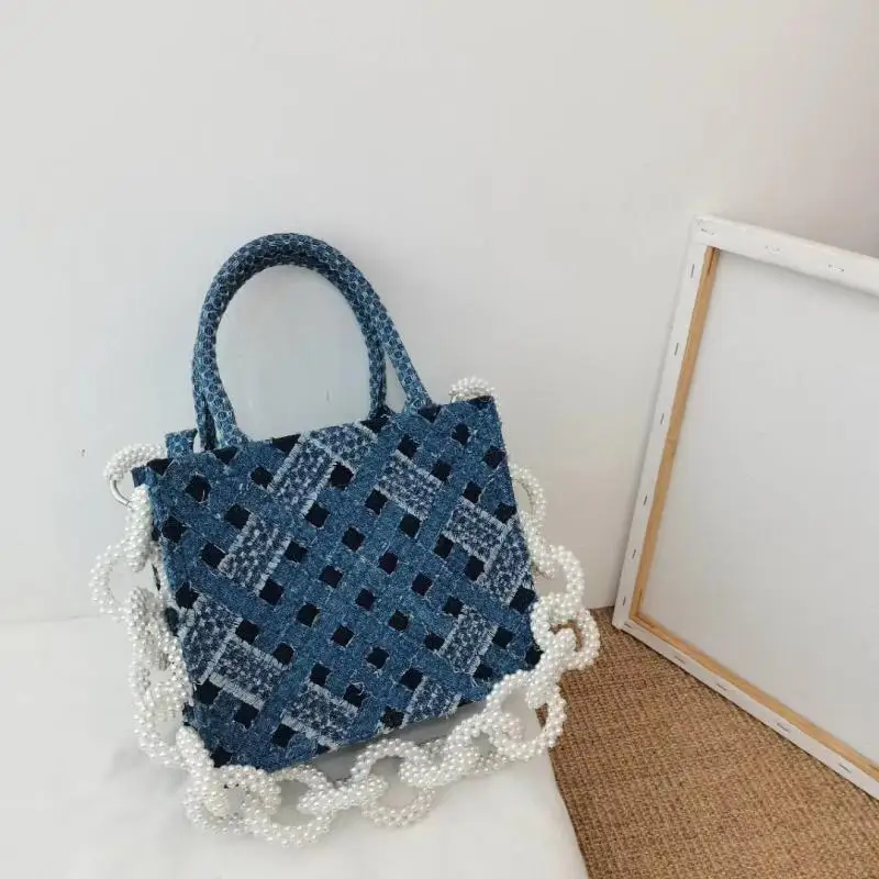 

2020 Personalized Pearl Chain Denim Bag Shoulder Messenger Bags High Quality Large Capacity Casual Totes Women Purse and Handbag
