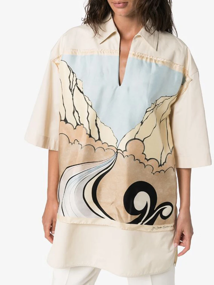 Женская свободная рубашка с принтом лацканами и разрезом сбоку Модный