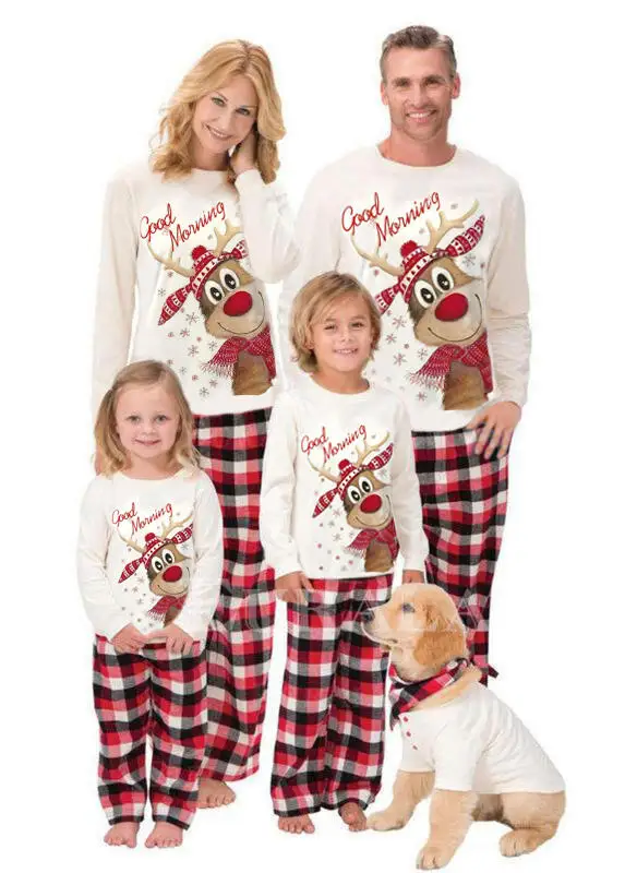 

Рождественская одежда для родителей и детей, топы с длинным рукавом и круглым вырезом с принтом лося, белые красные клетчатые брюки