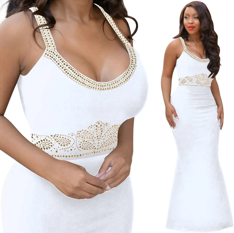 Женское элегантное Макси-Платье, стразы, Vestidos, сексуальное, без рукавов, бодикон, платье русалки, вечерние платья, Femme, вечерняя одежда, черный, белый