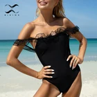 Сетчатый цельный костюм с рюшами, однотонный купальник, женский черный купальник, купальный костюм с открытой спиной, сексуальная пляжная одежда, монокини с высоким вырезом, новинка