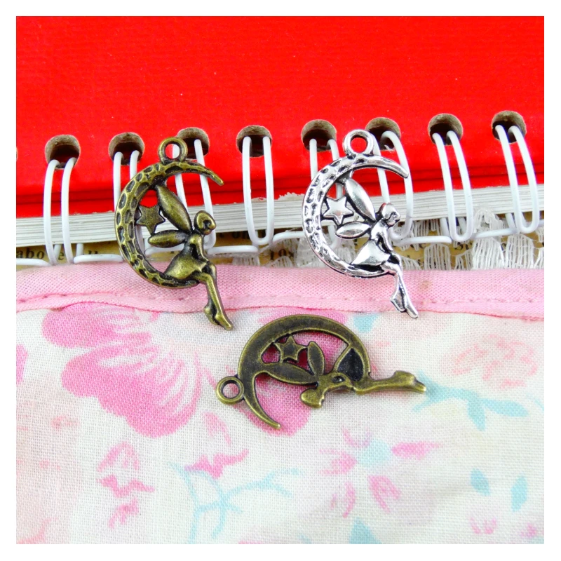 100 шт. Подвески Фея Ангел Луна Звезда 26x16 мм антикварное изготовление кулон подходит, старинная Античная Посеребренная бронза, DIY ювелирные изделия ручной работы