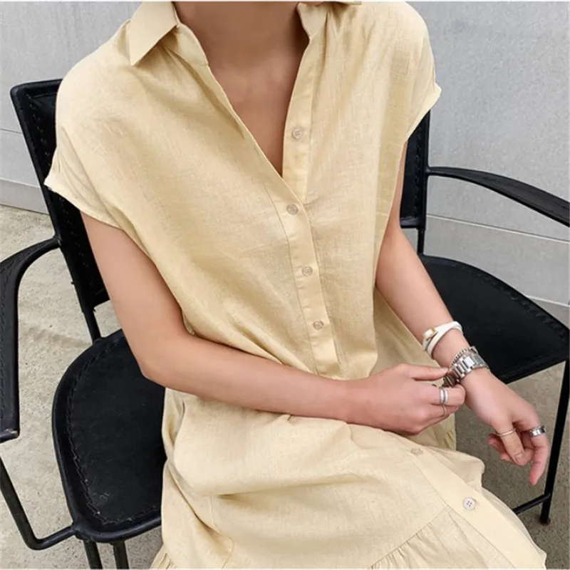 

Korean Loose Cotton and Linen Short Sleeved Dress 2021 Spring Summer New Shirt Casual Women Solid Color Button Clothes