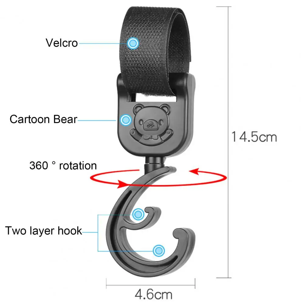 

2Pcs Baby Stroller Hooks Double Layer Anti-slip Portable Rotating Cartoon Bear Pram Clips for Home