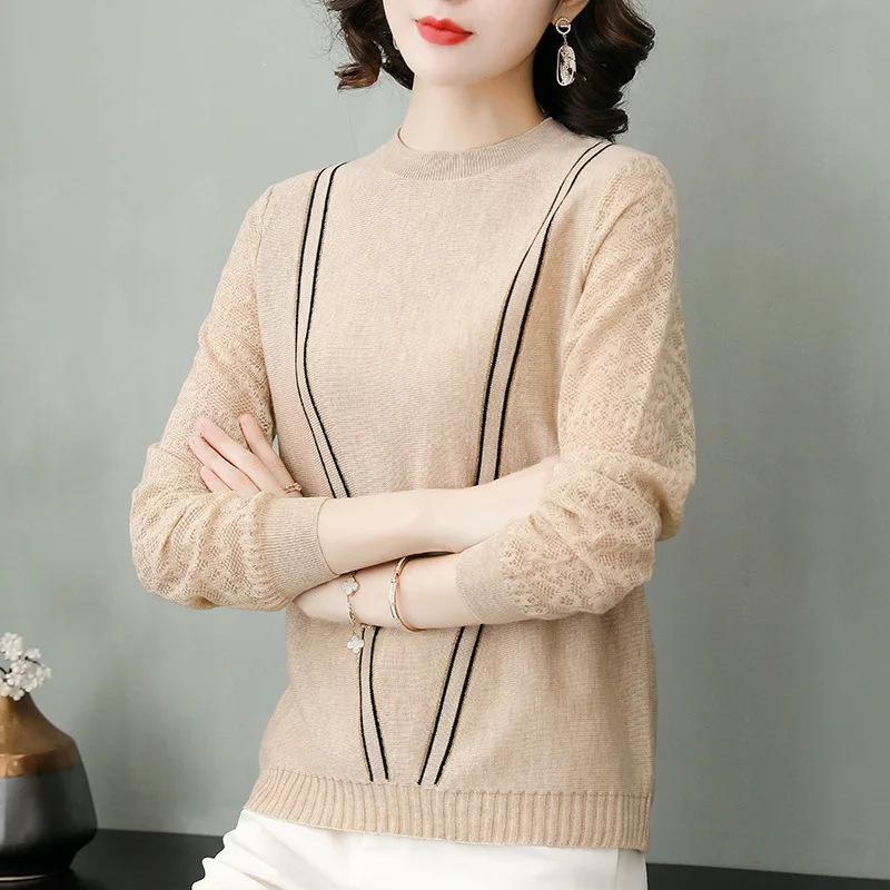 

Women's round neck knitted sweater 2020 early autumn new Korean loose long-sleeved hollow lace bottoming shirt round neck top
