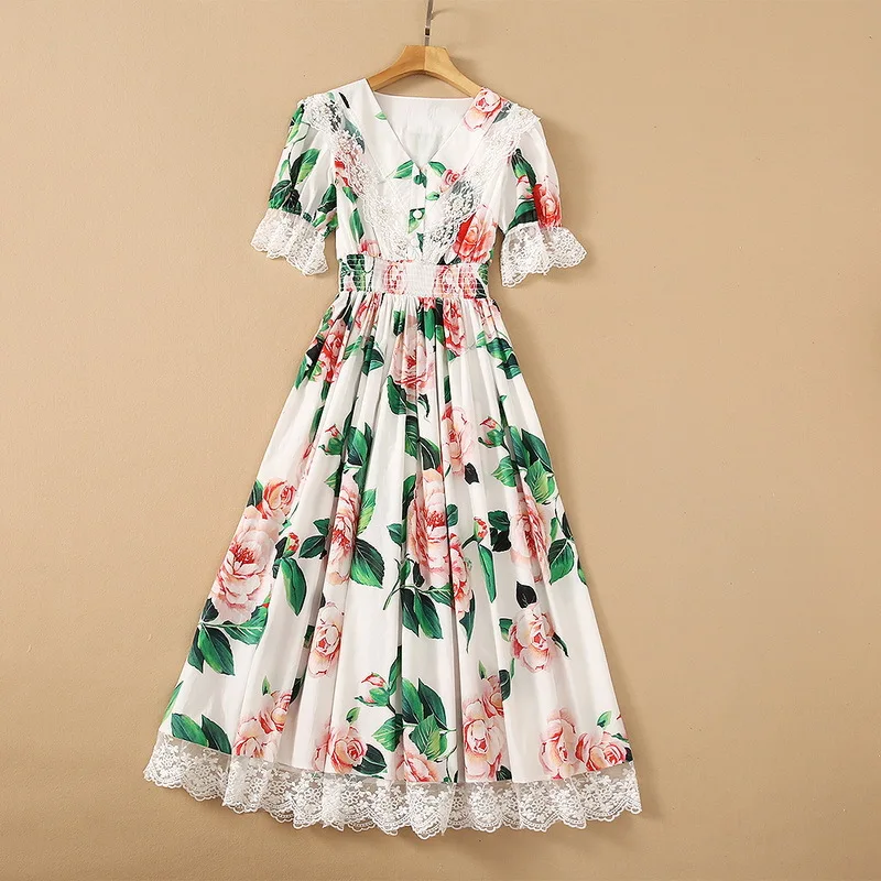 

Europe and the United States women's clothing New Summer 2021 Short sleeved V-neck patchwork lace floral print Fashion dress