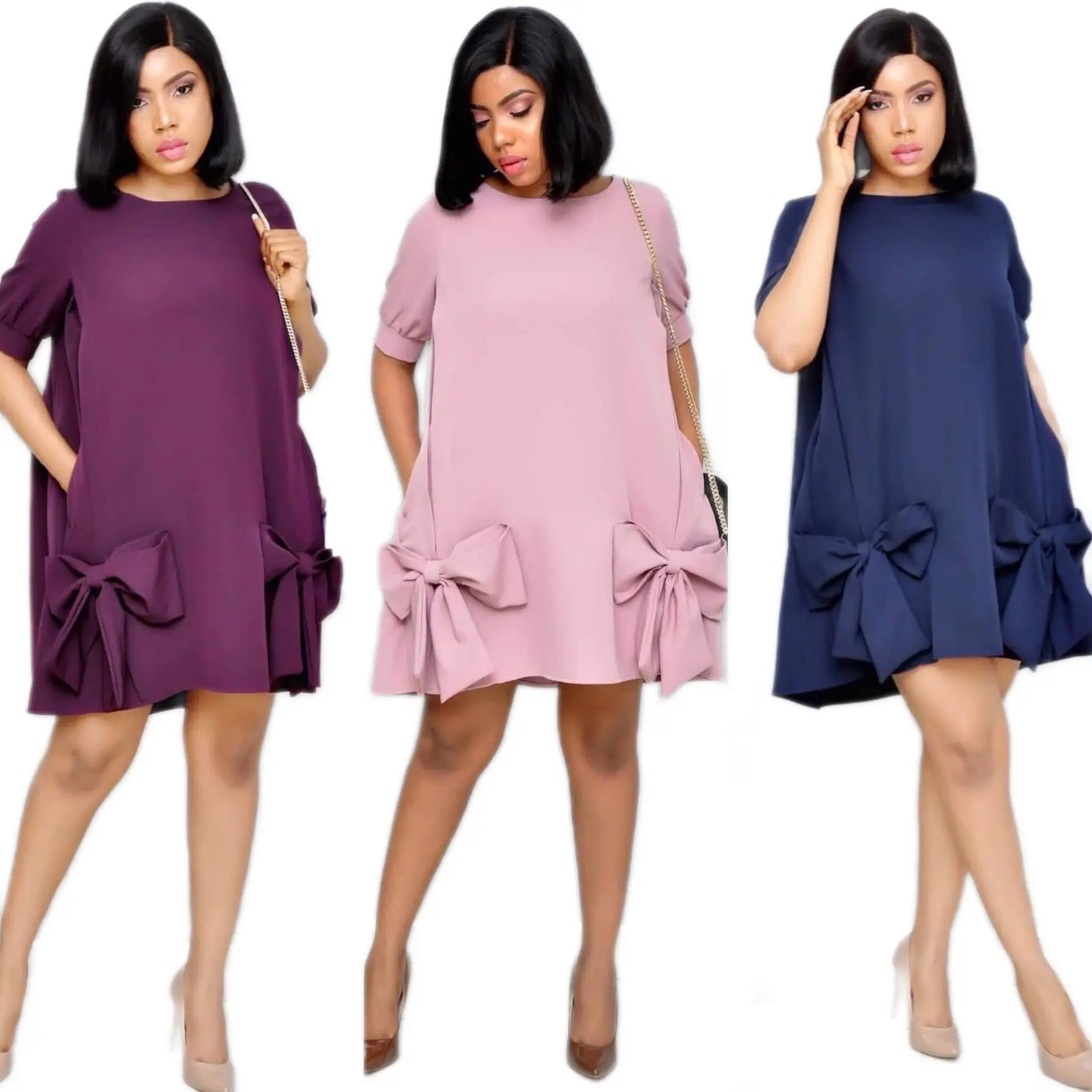 

Women Elegant Bow Drresses Plus Size Half Sleeve Loose African Clothing 2021 Summer Fashion O-Neck Party Drress A-Line Vestido