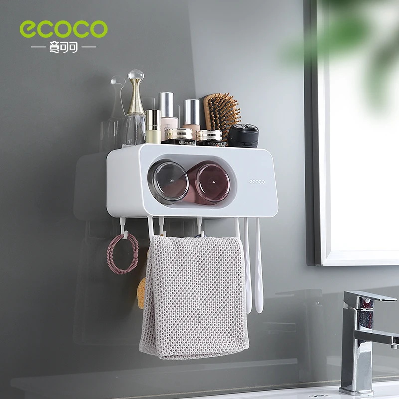 ecoco newest wall mount toothbrush cup holder multi functional bathroom accessories organizer rack with towel bar hooks free global shipping