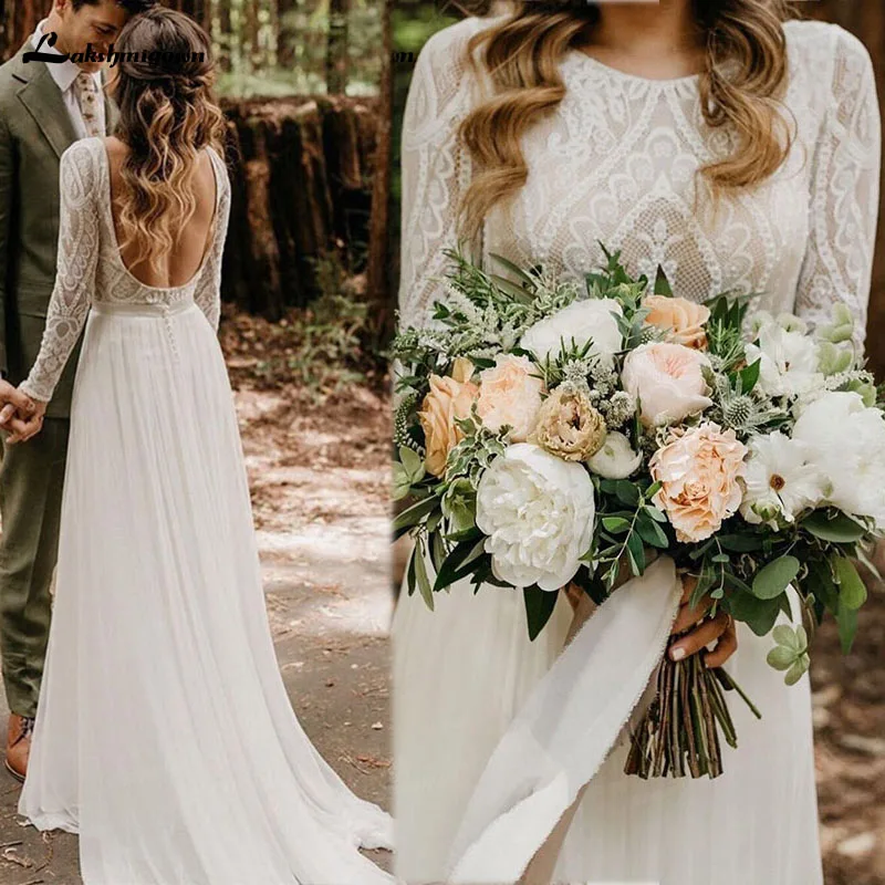 

Elegant A Line Boho Wedding Dress Bohemian Long Sleeve Backless Lace Chiffon Scoop Bridal Gowns vestido de noiva lakshmigown