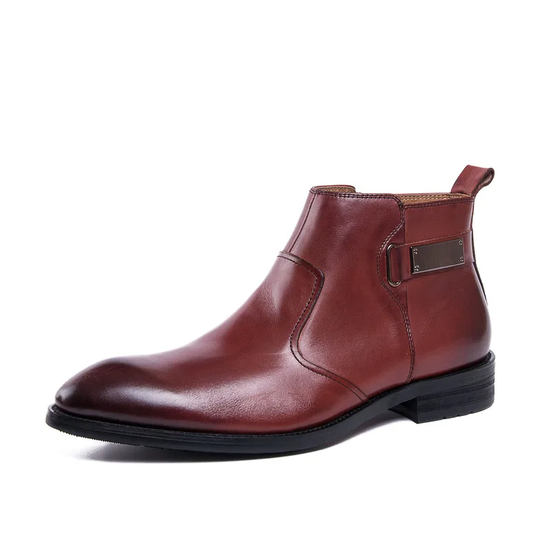 

2021 Men Shoes Genuine Leather Boots Fashion Buckle Round Toe Work Boots Luxury Brand Spring Autumn Zipper Dress Shoes