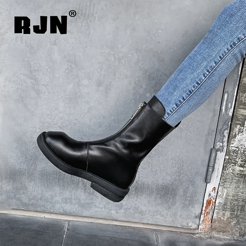 

RJN New Stylish Ankle Boots Round Toe Zipper High Quality Genuine Leather Boots Comfortable Platform Shoes Women RO358