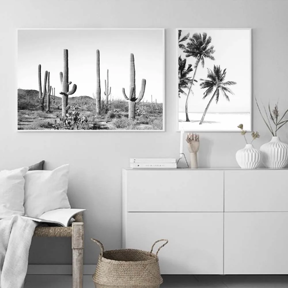 Постер с тропическим КАКТУСОМ и пальмой черно-белая Картина на холсте настенные