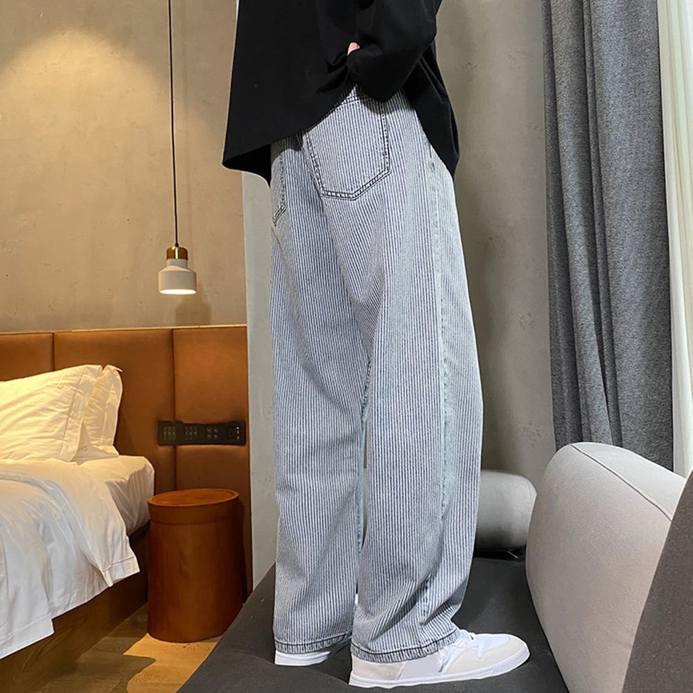 Retro Jeans Men's Fashion Washed Striped  Casual Straight Jean Pants Men Streetwear Mens Denim Trousers