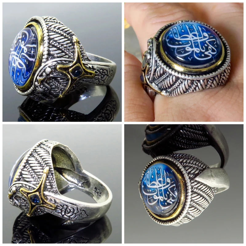 Мужское кольцо в стиле панк турецкое ювелирное изделие с большим синим камнем