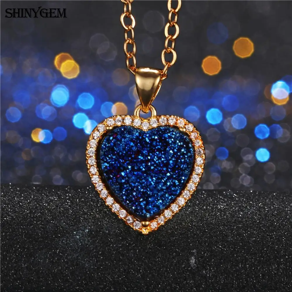 ShinyGem Мода 12*12 мм Любовь Сердце натуральный сверкающий кристалл Druzy Кулон ожерелье