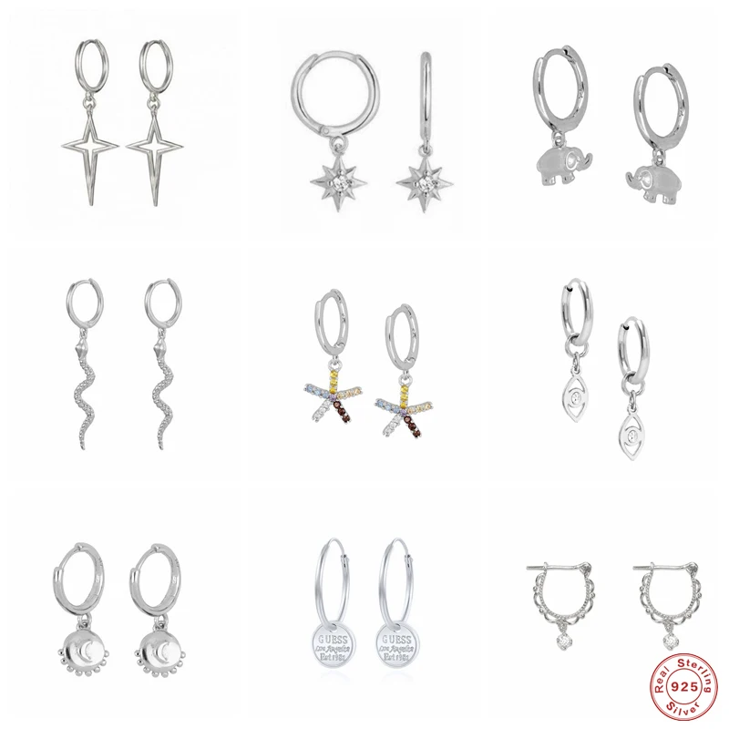 Aide 925 Sterling Silver Elephant Snake Pendant Dangle Earrings For Women Spike Zircon Star Charm Circle Drop Earrings Jewelry
