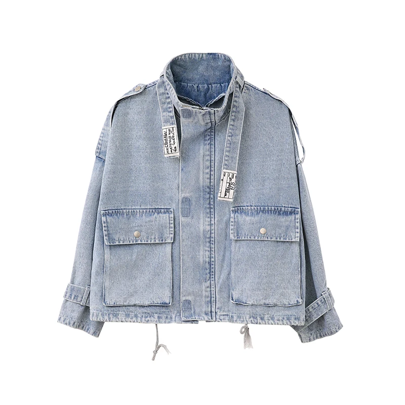 Большой карман джинсовая куртка Женская свободная летучая мышь рукав простая