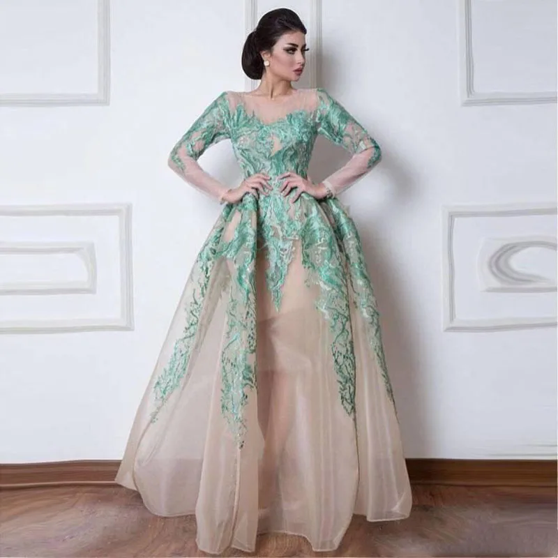 

Dubai Long Evening Dresses robe de soiree abiye Abendkleider Applique Elegant Party Evening Dress With Sleeves Gorgeous