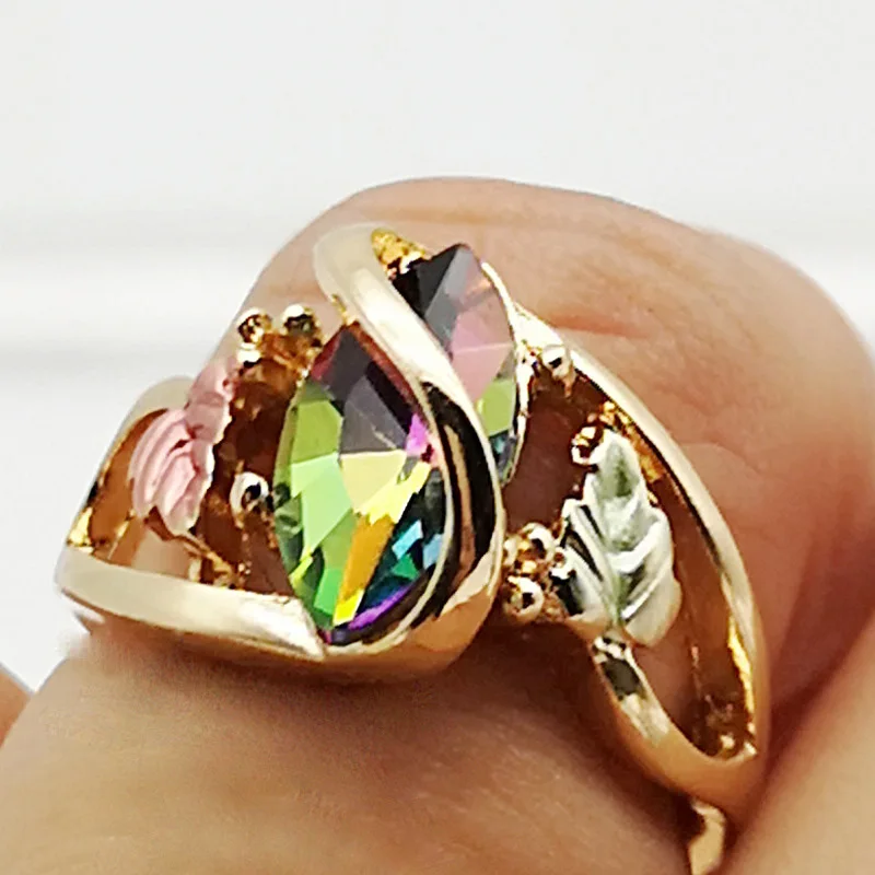Модное женское кольцо из искусственного золота в форме листа с цветным