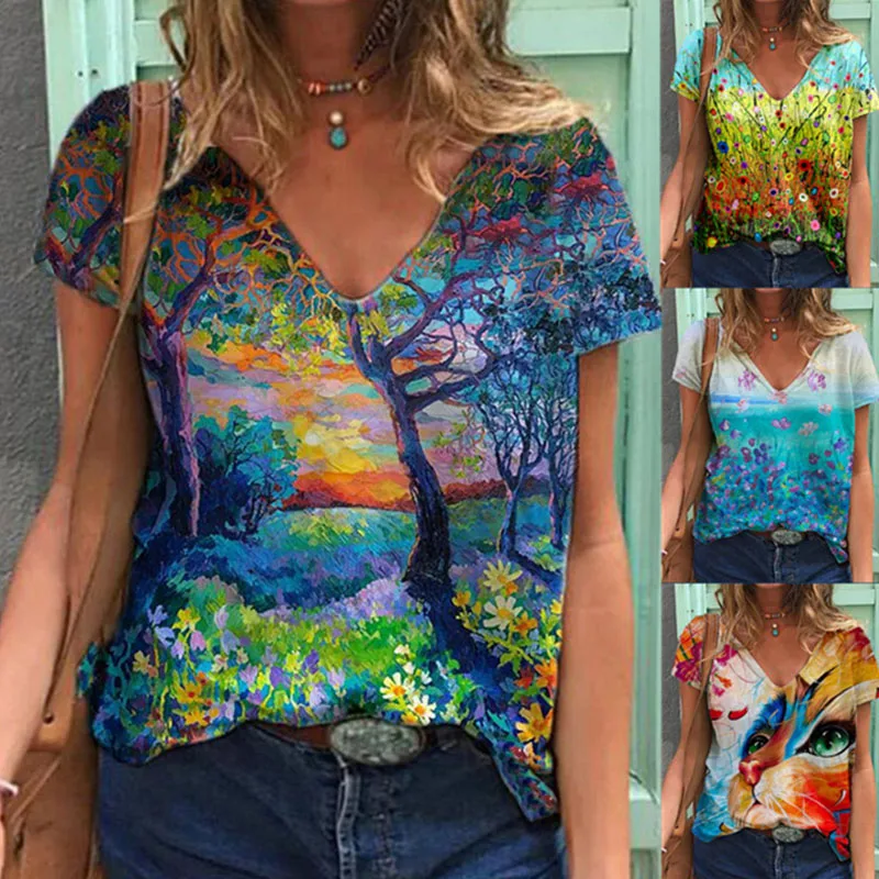 

Summer New Style Printed Pullover V-neck Loose Short-sleeved Women's T-shirt Fashion Short-sleeved Plus Size Top