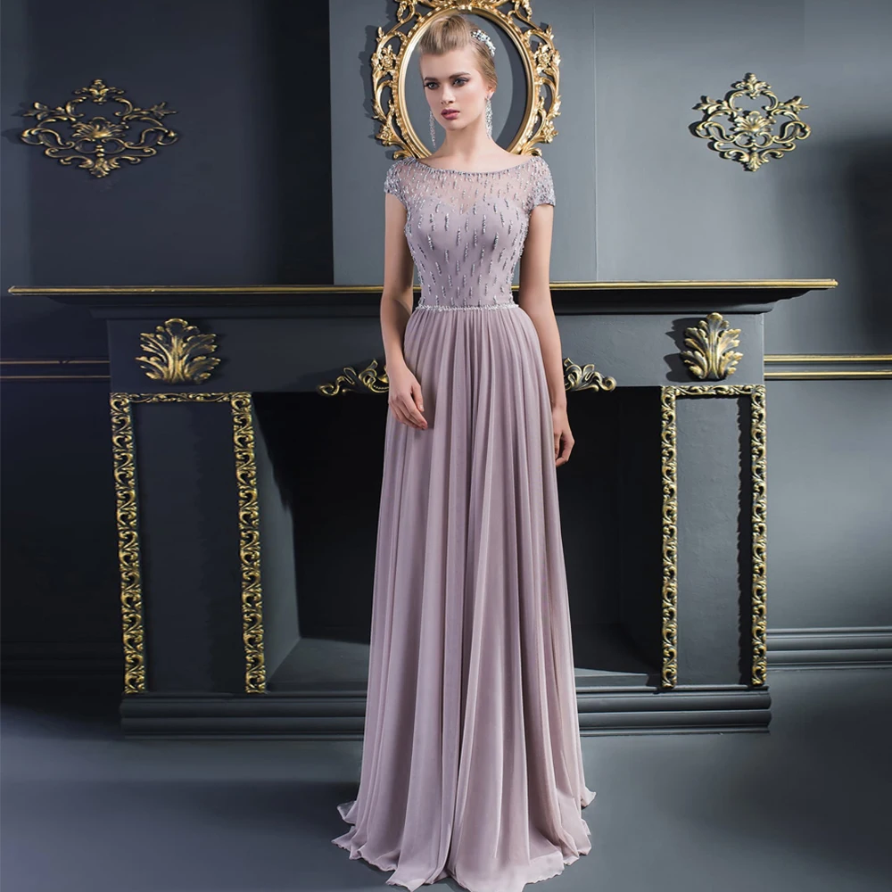 

Elegant SHortonSleeve Evening Dresses Chiffon Beading Pleats Floor Legnth Lace Up Back A-Line Prom Party Gowns 2021