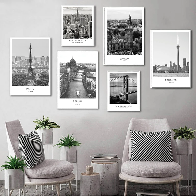 

Nordic modern style wall art picture black and white canvas world city landscape Paris New York poster print home decoration