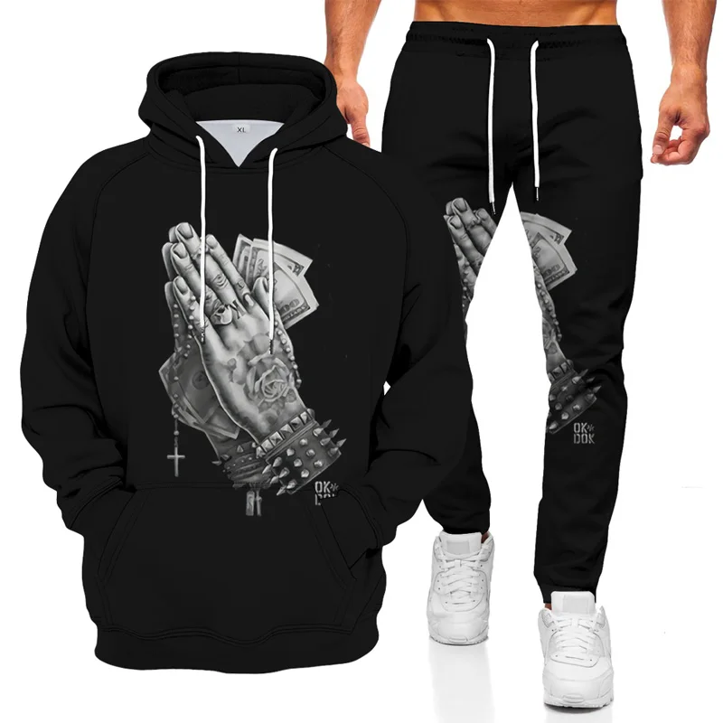 2021 new spring and autumn men's playing cards 3D printing 2-piece sportswear hooded sweater + pants suit casual men's suit