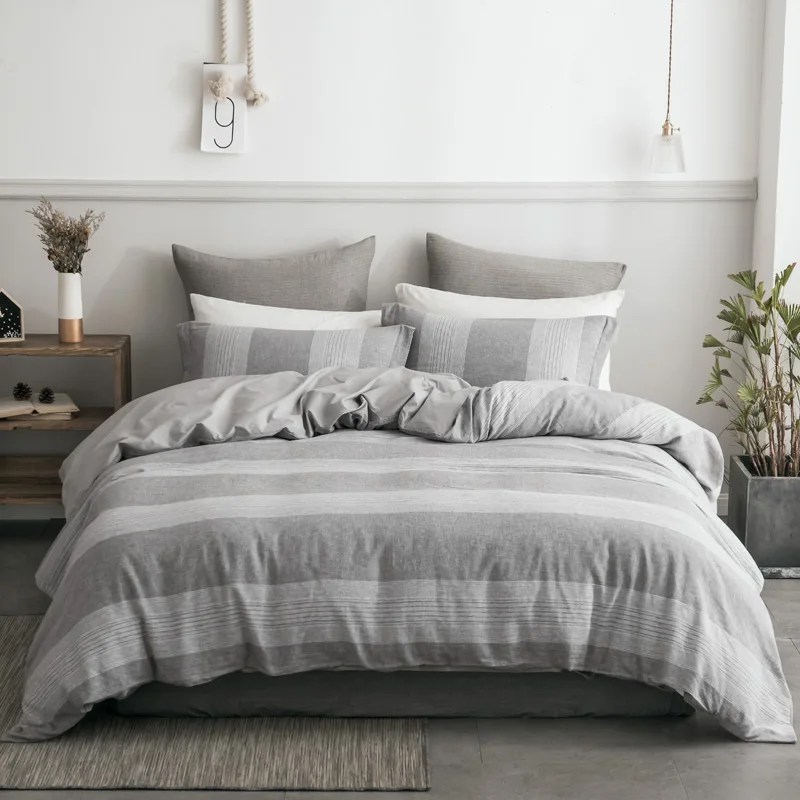 Grey PHF стираный льняной хлопок пододеяльник и 2 подушки Shams пряжа окрашенная мягкая дышащая легкая постельные принадлежности для лета King queen размер - Цвет: Grey