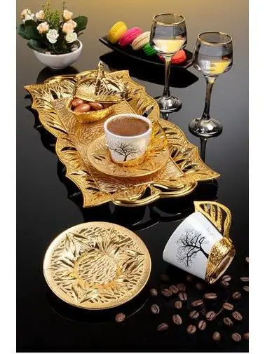 

Turkish coffee set with gold pattern nine-piece Tree Patterned 2 Person Tray Coffee Cup Set and elegant elegant presentation tra