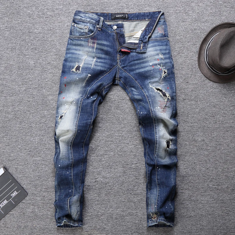 

Fashion Streetwear Men Jeans Retro Blue Slim Fit Destroyed Ripped Jeans Men Elastic Spliced Biker Pants Hip Hop Jeans Homme