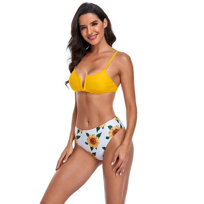

2021 Swimsuit Fashion Double Shoulder V-Shaped High Waist Bikini Solid Color Printing Two Piece Set Wire Free Polyester