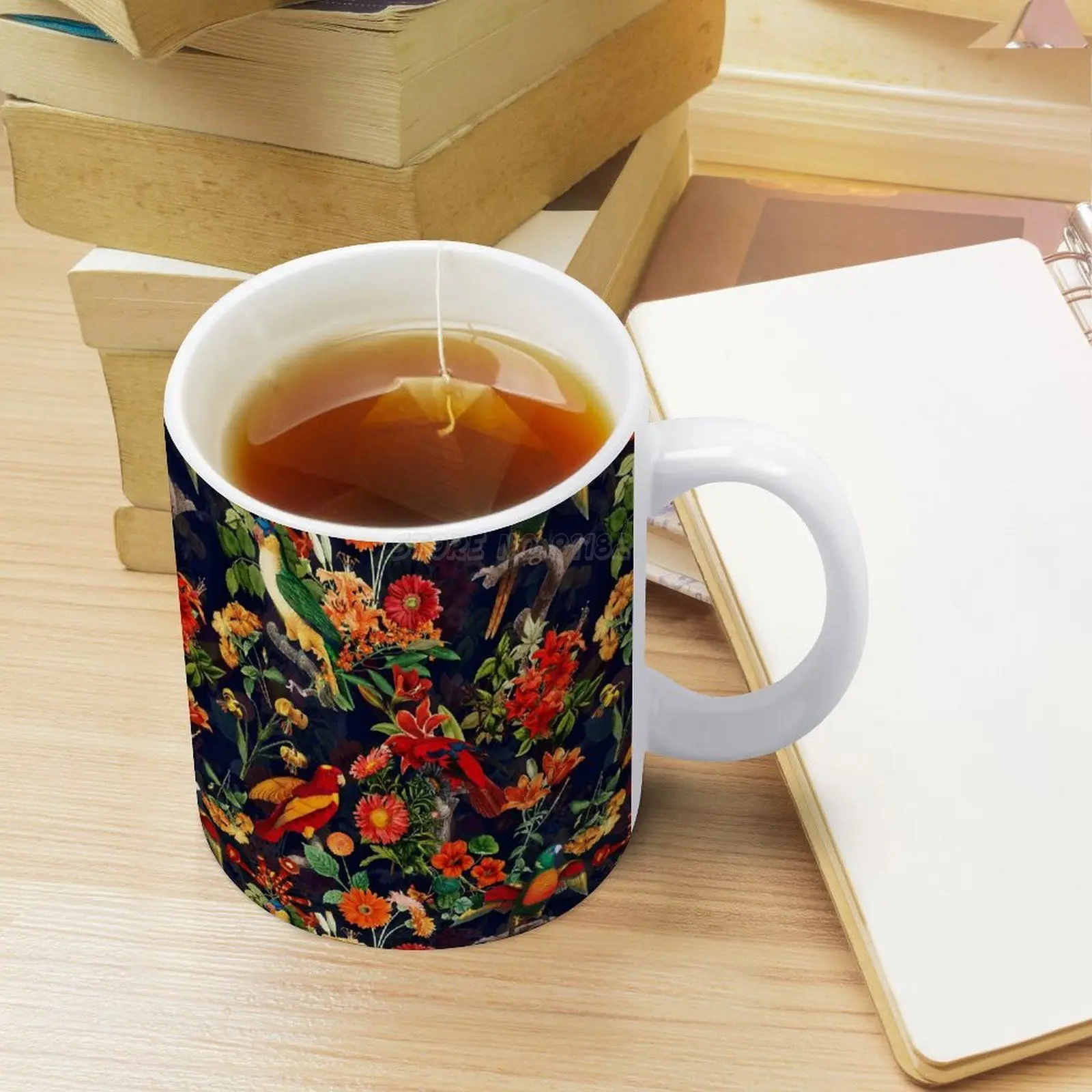 Кружка Керамическая в виде Тропических птиц ночных джунглей садов темно синего и