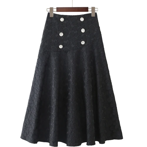 

Jacquard Skirt Women 2021 Autumn New A- Line Vintage Leaves Double Breasted High Waist Slimming Temperament Skirts Lady