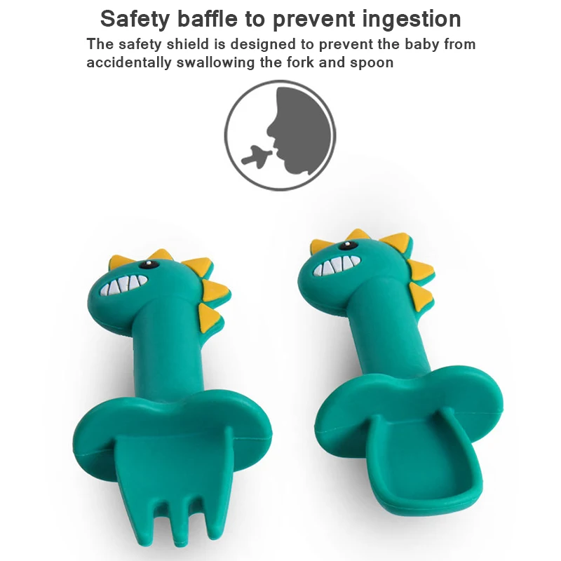 

Baby Silicone Spoon Set Short Easy Spoon Cartoon Dinosaur Silicone Teether Anti-Slip Feeding Training Utensils