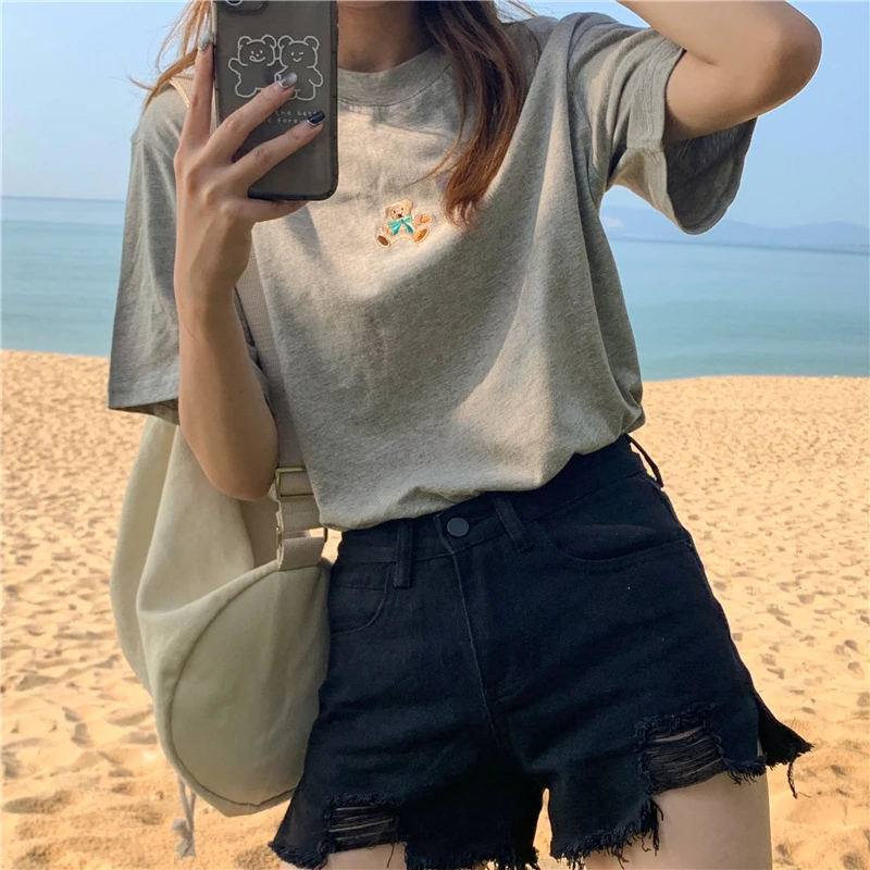 Повседневная Свободная футболка Ins с медведем женские футболки топы японские