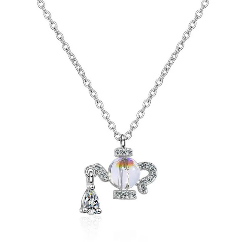 

Personality Design 925 Silver Zircon Moonstone Cute Teapot Choker Necklace For Girls Women Short Clavicle Necklace Jewelry