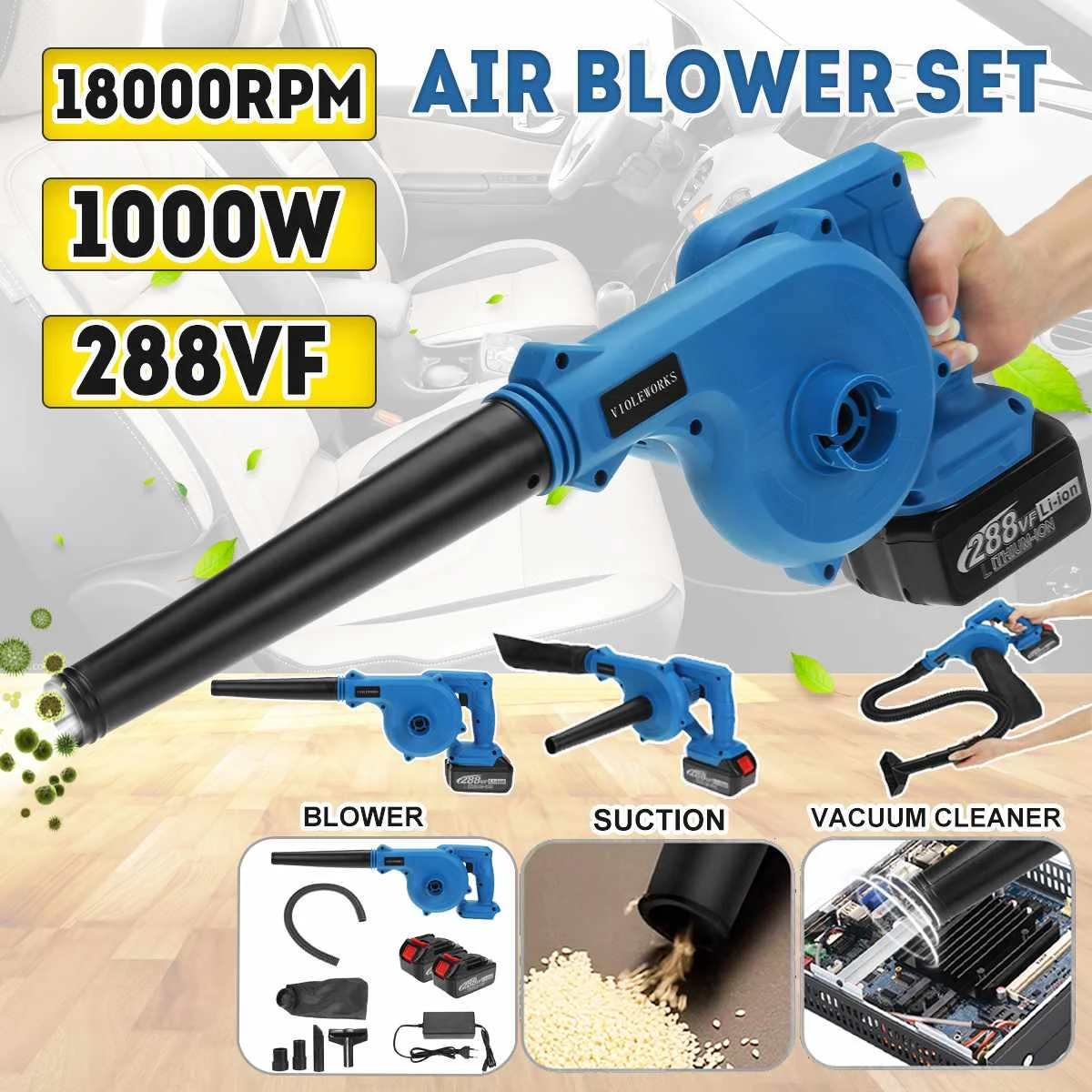

288VF 3 In 1 Cordless Electric Air Blower Suction Handheld Leaf Smart Dust Collector Cleaner Power Tool For Makita 18V Battery