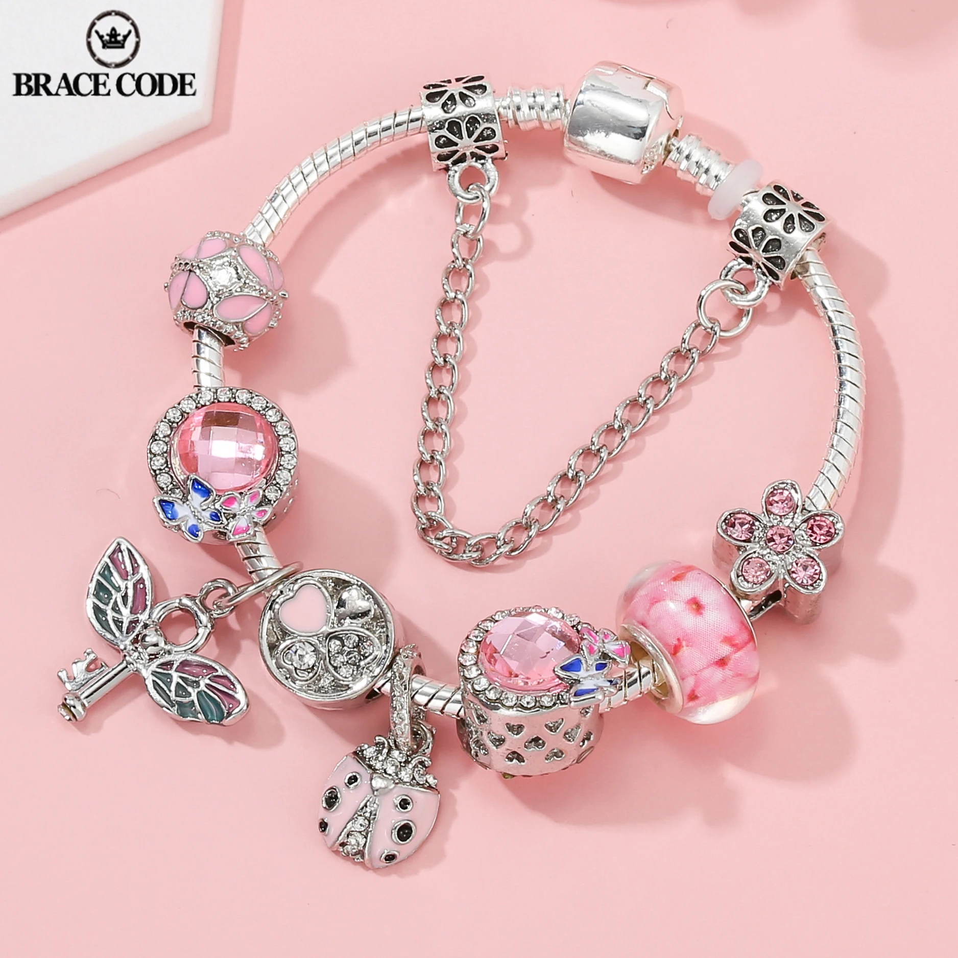 

2022 New Fine Pink Flowers Bracelet Butterfly Crystal & Flying Key Fairy Princess Charms Girl Bracelet Women Bangles