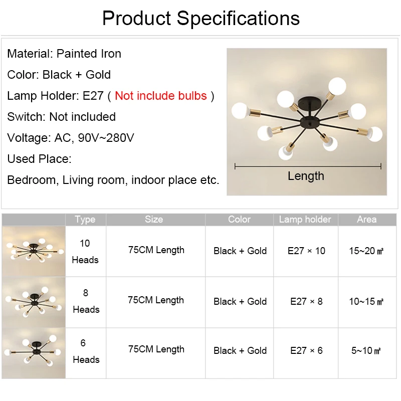 

Gold Chandeliers Modern Chandelier Lighting Iron Spider Lights for Room Vintage Ceiling Lamp Bedroom Living Room Decoration E27
