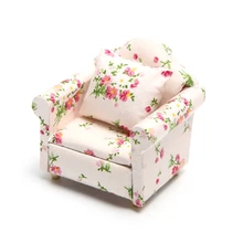 1/12 Scale Dollhouse Accessories Pink Flower Pattern Mini Furniture Sofa with Back Cushions