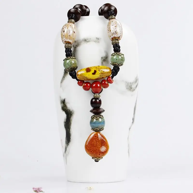 

Vintage Necklace for Women Girls Ethnic Ceramic Beads Stone Hand Made Braided Long Sweater Chain Necklaces Jewelry