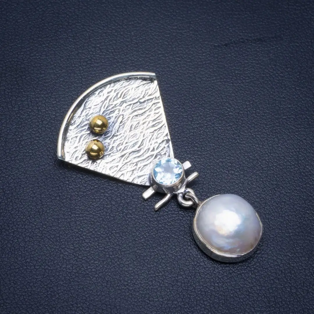 

Natural Two Tones Biwa Pearl and Blue Topaz Handmade Unique 925 Sterling Silver Pendant 1.5" B3206