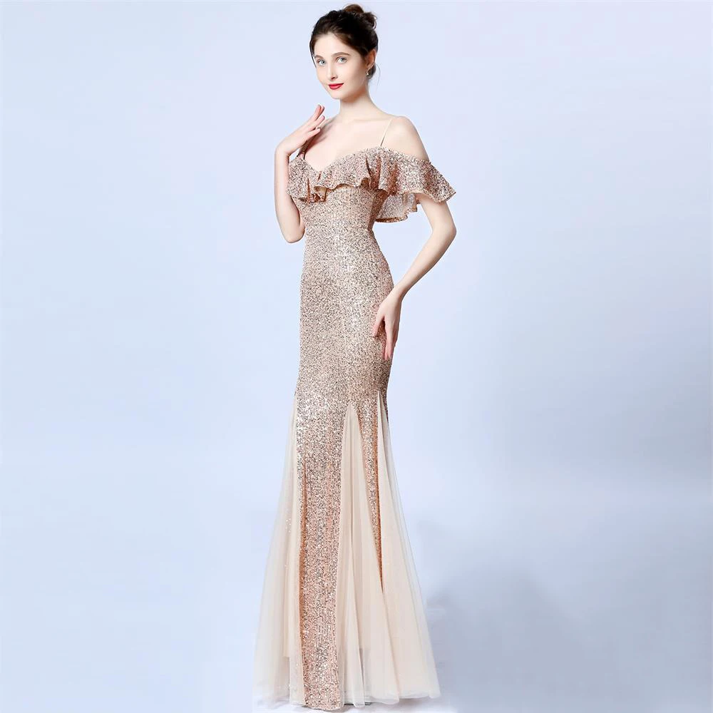 Женское вечернее платье с листьями лотоса длинное платье-Русалка блестками для