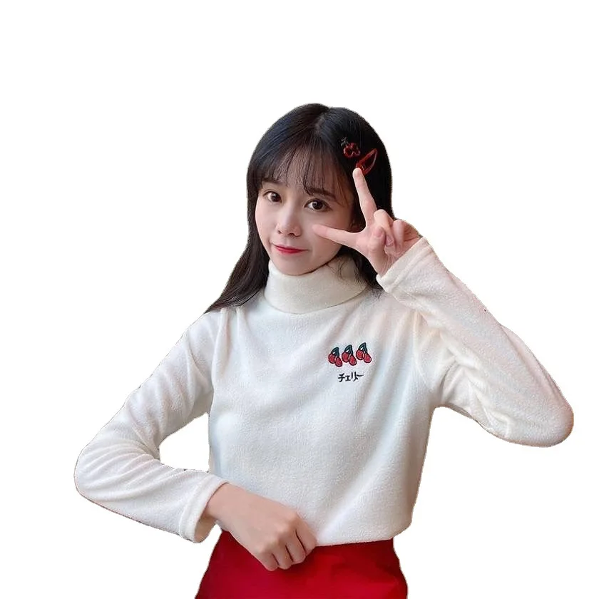 

Autumn Winter Japanese Cute Strawberry Embroidery Tshirt Women Turtleneck Velvet Warm Knit Shirt Kawaii Long Sleeve Woman Tops