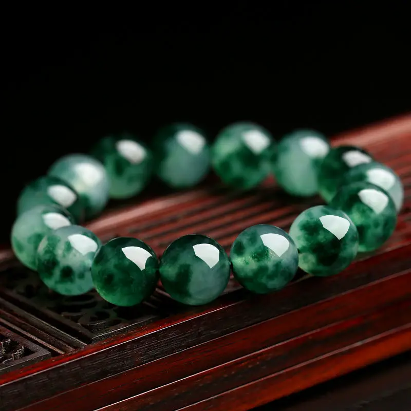 

Natural Burma Jade Bracelet Women Healing Jewelry Floating Flowers Jadeite Myanmar Emerald Round Beads Elastic Beaded Bangles