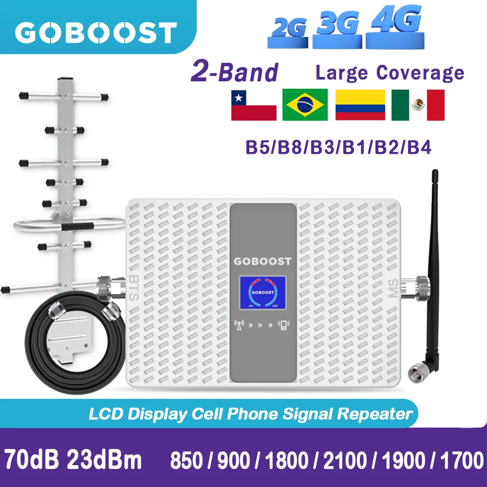 GOBOOST Cellular Amplifier 4G Signal Booster LTE GSM 900 DCS 1800 2100 1900 1700 3G Dual Band Cell Phone Repeater Antenna A Kit