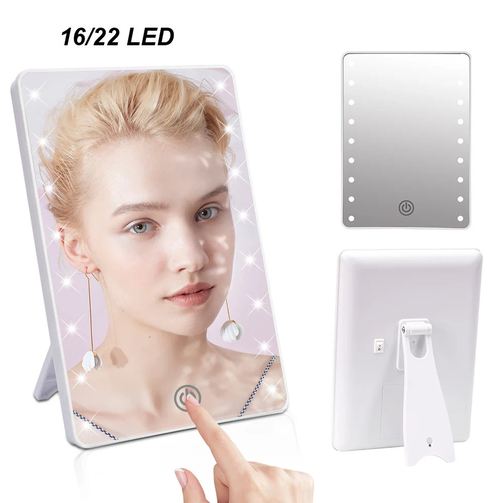 Makeup Mirror Folded 16 LEDs Touch Screen Dimmer Battery USB Switch with Operated Stand For Cosmetic Bedroom Tabletop Bathroom