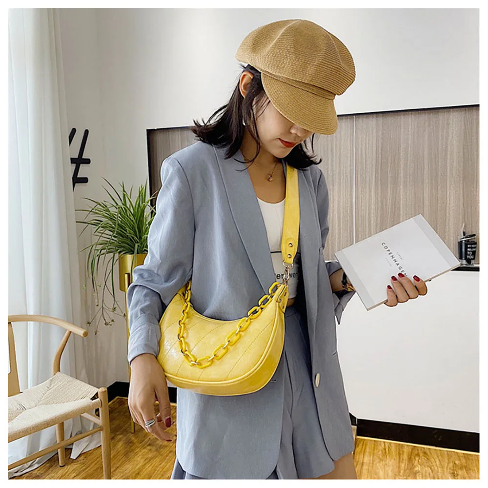 

2020 New Style Women Fashion Hobo Shoulder Bag Special Fabric Acrylic Chain Candy Color High Quality Wide Strap Handbag Mb752