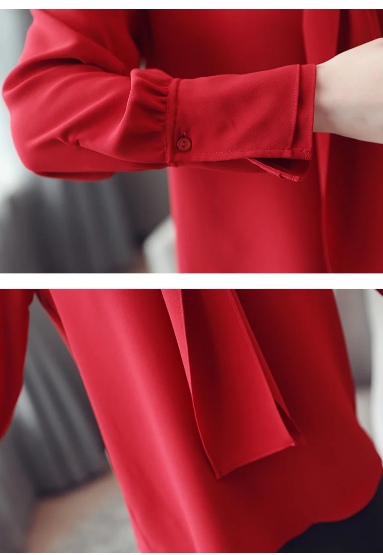 Женская блузка, офисный Топ с длинным рукавом, шифоновая блузка, blusas femininas elegante, с бантом, однотонная, с v-образным вырезом, красная одежда, женские топы 0412